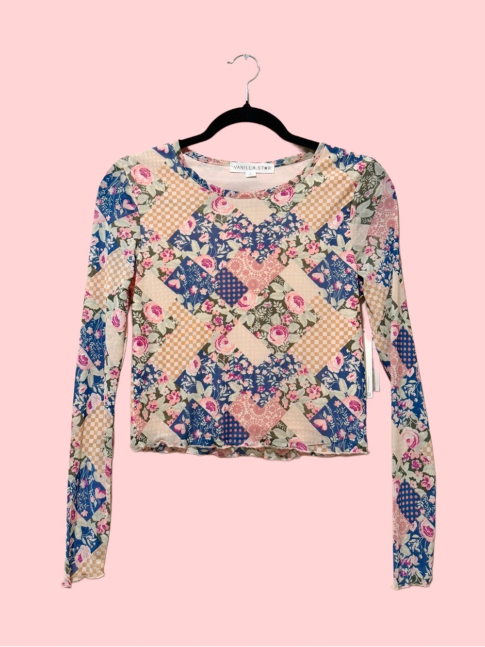 NWT Vanilla Star Patchwork Floral Long Sleeve Top - Blue, Pink, Cream